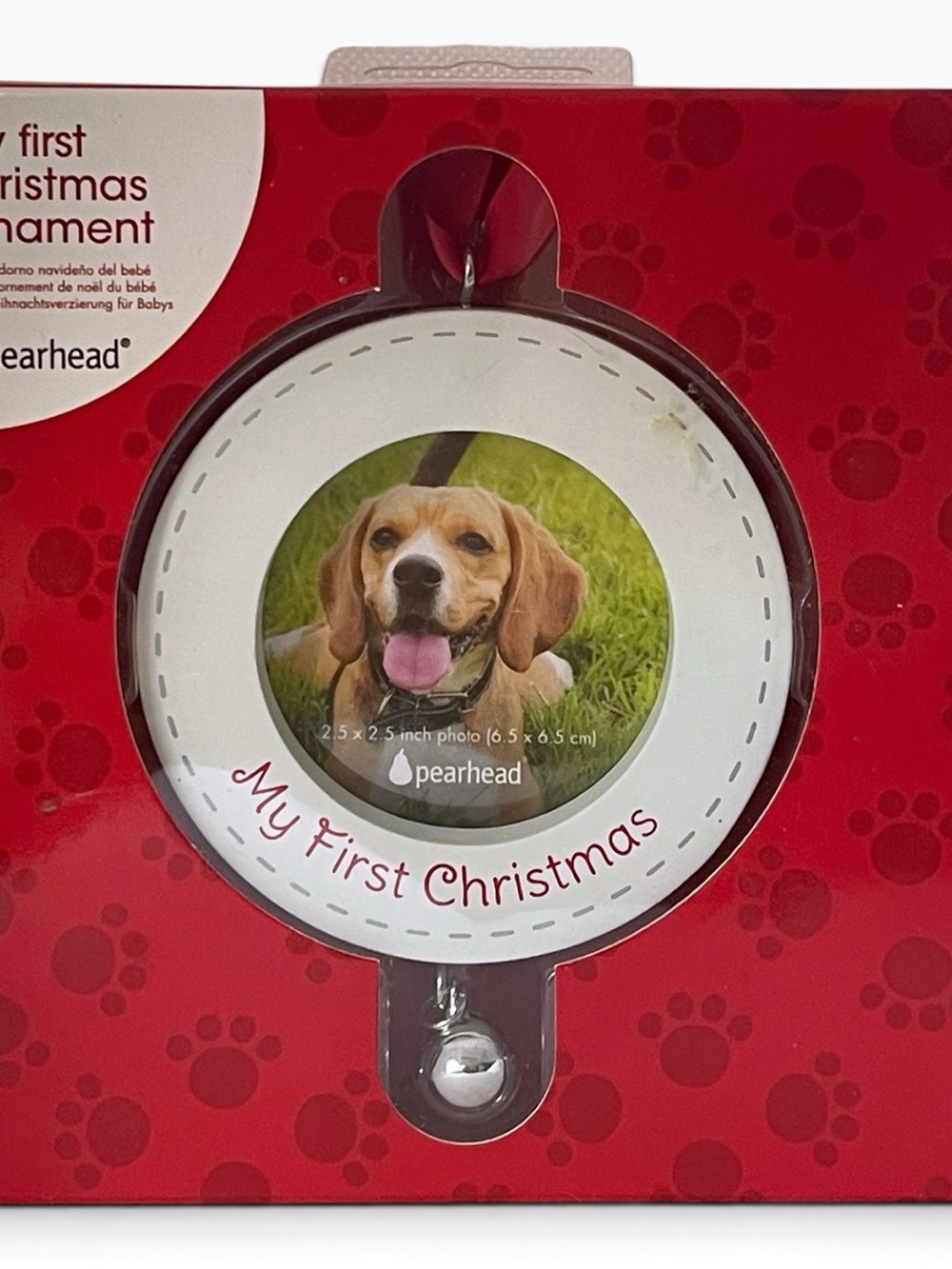 Pearhead 'My First Christmas' Photo Ornament w/Red Ribbon & Bell | NEW IN BOX